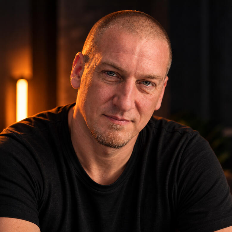 Joe Buchmann / Ashalo Portrait of Joe Buchmann, the artist behind Ashalo, in a dark studio with warm orange lighting.
